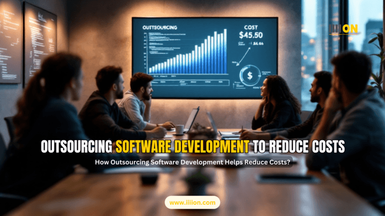 A team discussing software development outsourcing to reduce costs, with charts on a screen showing savings.