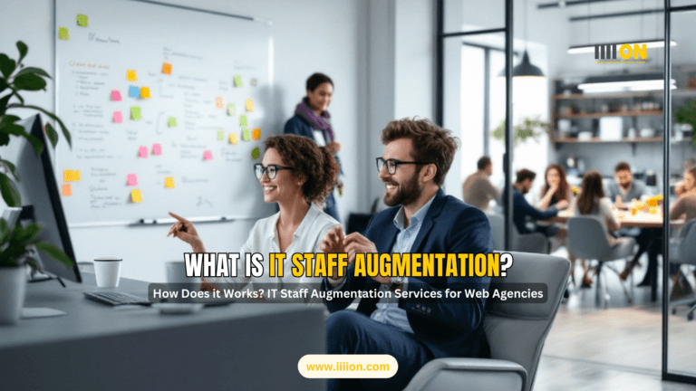 A professional team collaborating in a modern office setting, representing IT Staff Augmentation Services for Web Agencies.