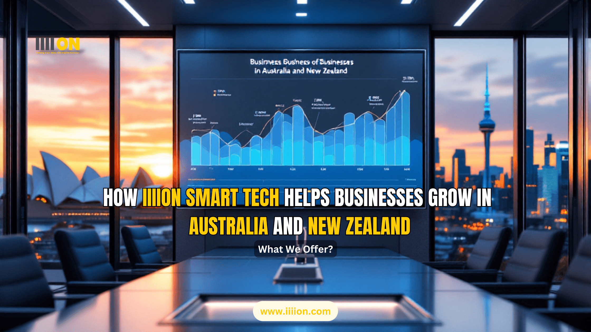 Office with a graph showing IIIION Smart Tech's impact on business growth in Australia and New Zealand.