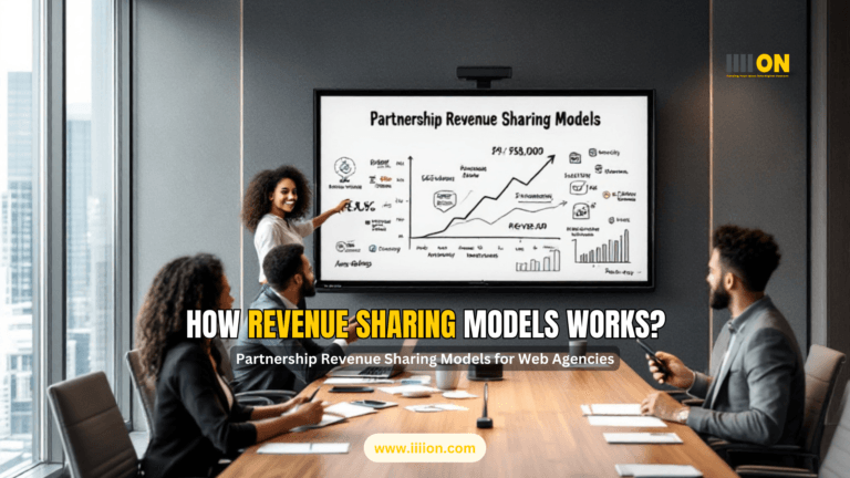 A group of professionals in a modern office setting discussing partnership revenue sharing models, with a whiteboard displaying a flowchart and key points