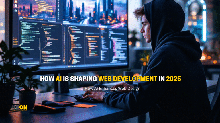 A developer working on a computer with multiple screens displaying code and AI-related interfaces, highlighting the integration of AI in web development.