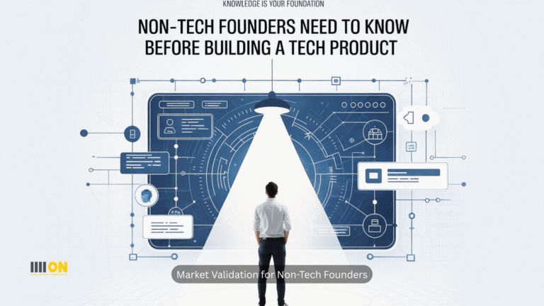 Non-tech founder standing in front of a large digital interface, exploring steps to build a tech product with planning and data-driven tools.