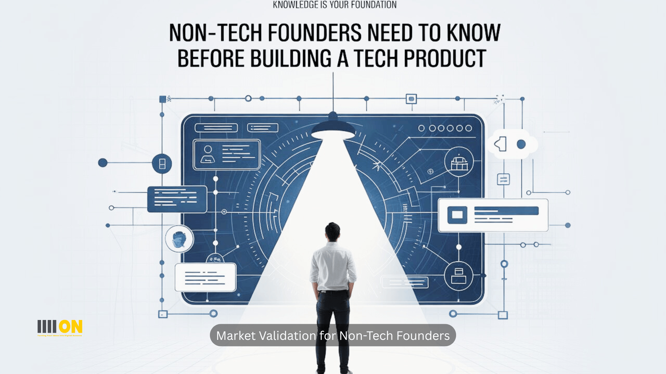 Non-tech founder standing in front of a large digital interface, exploring steps to build a tech product with planning and data-driven tools.