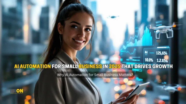 The image shows a professional woman holding a tablet, standing in front of a large window with a cityscape view. She is smiling and appears to be engaged with the content on her tablet. Overlaying the scene are various futuristic digital elements, including a drone, financial data, and other technological icons, suggesting themes of business, technology, and innovation. The overall impression is one of modern business practices leveraging advanced technology.