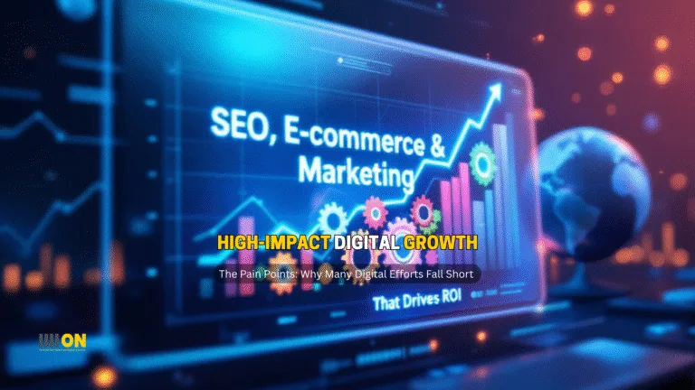 A digital illustration depicting high-impact digital growth strategies. The image features a laptop screen displaying the text 'SEO, E-commerce & Marketing That Drives ROI.' The background includes various elements such as graphs, gears, and a globe, symbolizing global reach and data-driven marketing strategies. The overall theme emphasizes the importance of SEO, e-commerce, and marketing in achieving a strong return on investment.