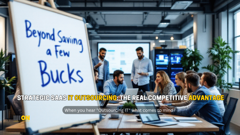 The image depicts a modern office setting where a group of professionals are engaged in a meeting. In the foreground, there is a whiteboard with the text "Beyond Saving a Few Bucks" written on it. The office is well-lit with natural light coming through large windows, and the space is furnished with contemporary office furniture. Several people are seated around a table, attentively listening to a presenter who is standing and appears to be explaining something. The overall atmosphere suggests a collaborative and dynamic work environment.