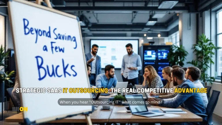 The image depicts a modern office setting where a group of professionals are engaged in a meeting. In the foreground, there is a whiteboard with the text "Beyond Saving a Few Bucks" written on it. The office is well-lit with natural light coming through large windows, and the space is furnished with contemporary office furniture. Several people are seated around a table, attentively listening to a presenter who is standing and appears to be explaining something. The overall atmosphere suggests a collaborative and dynamic work environment.