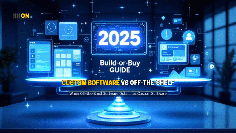 The image illustrates the concept of "Custom Software vs Off-the-Shelf: 2025 Build-or-Buy Guide." It features a balanced scale with custom software on one side, depicted with elements like tailored solutions, unique features, and higher initial costs. On the other side, off-the-shelf software is shown with ready-made solutions, standard features, and lower initial costs. The background is modern and futuristic, emphasizing the year 2025 and the advanced technology involved. The color scheme is professional, using blues and grays to convey trust and reliability, highlighting the comparison between custom software and off-the-shelf options.