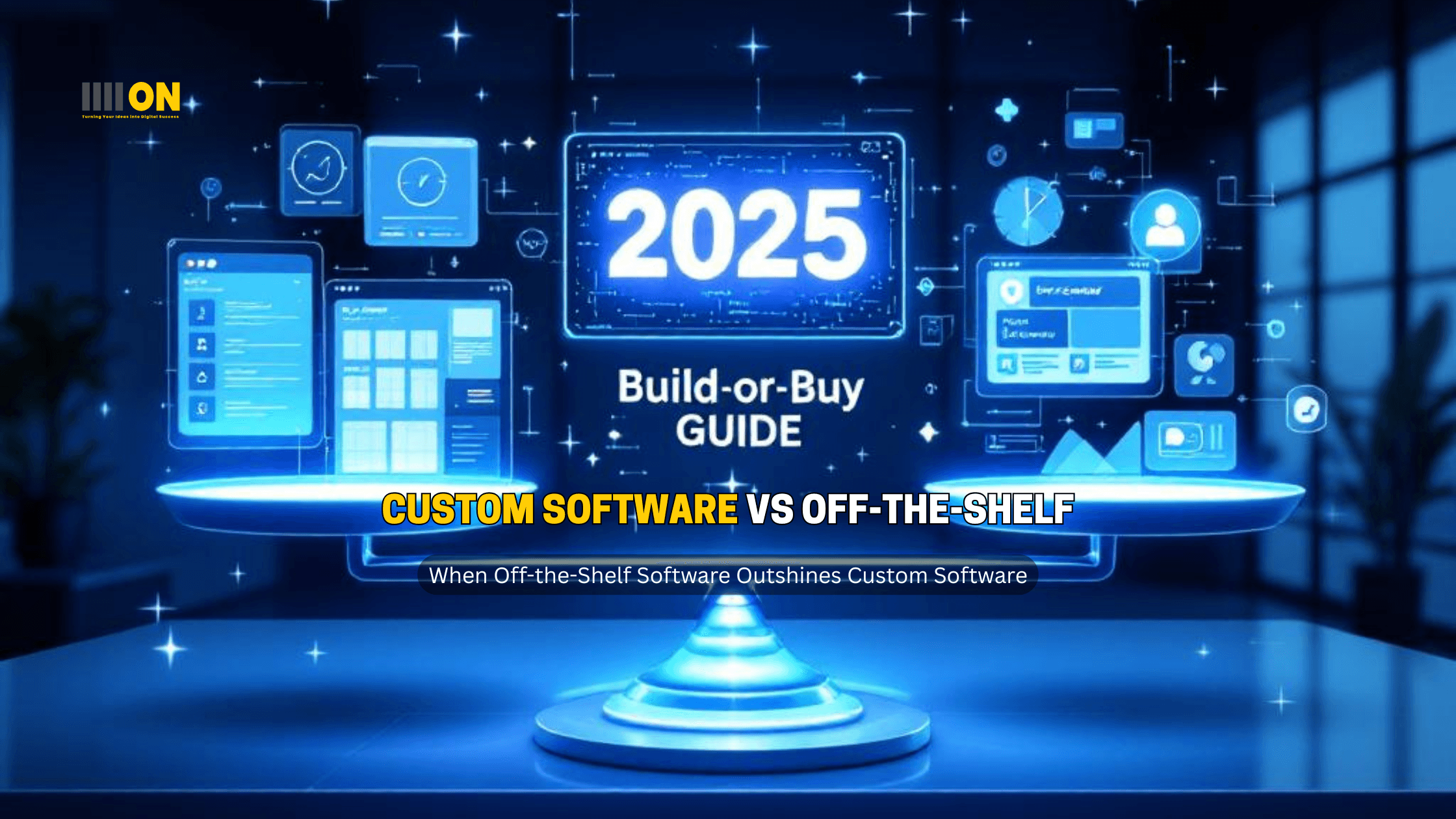 The image illustrates the concept of "Custom Software vs Off-the-Shelf: 2025 Build-or-Buy Guide." It features a balanced scale with custom software on one side, depicted with elements like tailored solutions, unique features, and higher initial costs. On the other side, off-the-shelf software is shown with ready-made solutions, standard features, and lower initial costs. The background is modern and futuristic, emphasizing the year 2025 and the advanced technology involved. The color scheme is professional, using blues and grays to convey trust and reliability, highlighting the comparison between custom software and off-the-shelf options.